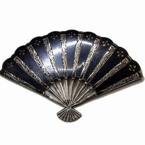 Vintage Sterling Silver with Black Fan Brooch